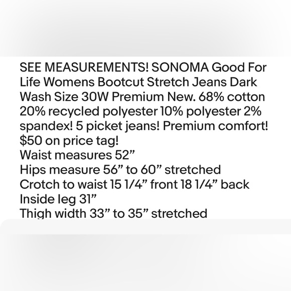 SONOMA Good For Life Womens Bootcut Stretch Jeans Dark Wash Size 30W Premium New - Picture 4 of 6